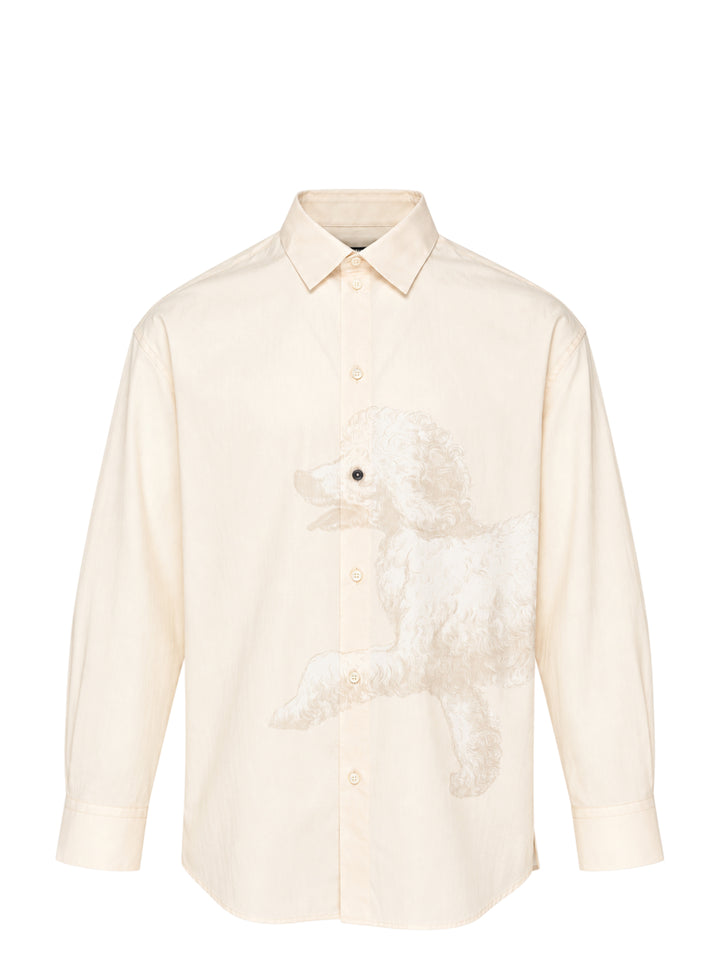 Jacquemus Pisco long sleeve cream shirt with an oversized tonal poodle print and a contrast dark button at the eye