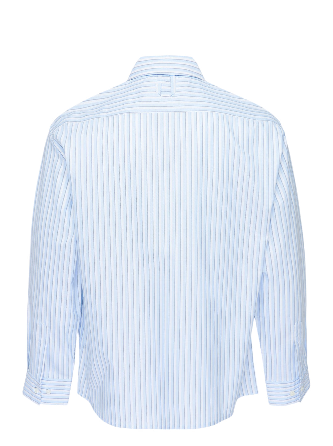 Jacquemus La Chemise Flash light blue and white striped zip-front shirt with red leather zip pull and pointed collar - view 2