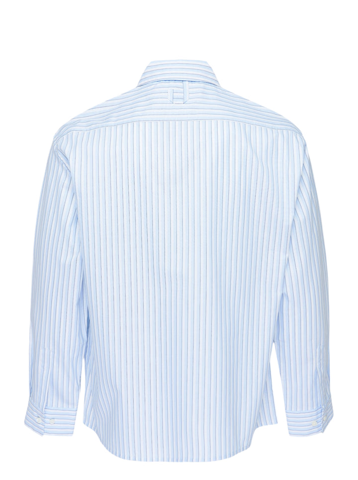 Jacquemus La Chemise Flash light blue and white striped zip-front shirt with red leather zip pull and pointed collar - view 2