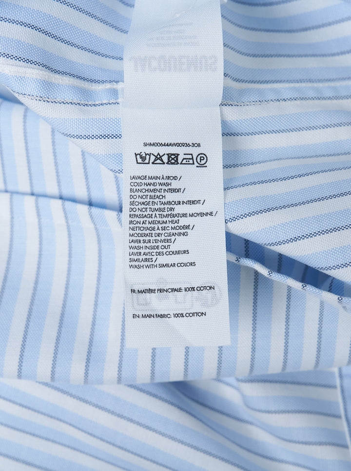 Jacquemus La Chemise Flash light blue and white striped zip-front shirt with red leather zip pull and pointed collar - view 4