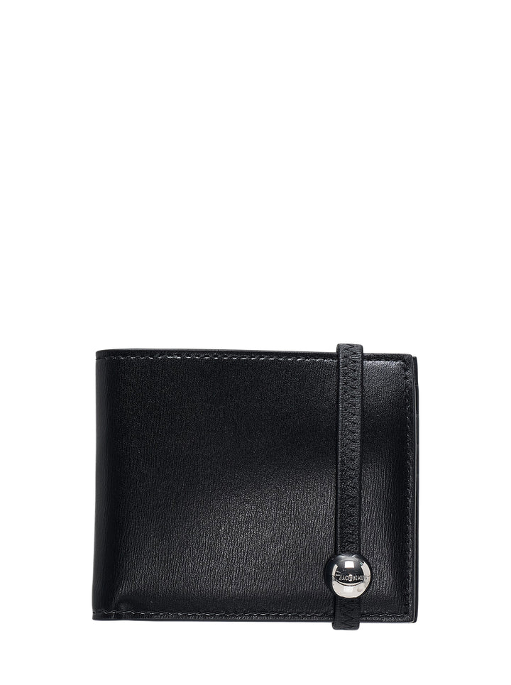 Jacquemus Le Porte Miami black leather bifold wallet with stitched strap and silver-tone sphere closure