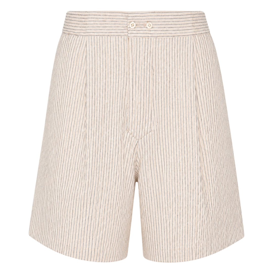 Jacquemus Pyjama Shorts in off-white pinstripe fabric with pleated front, two-button waistband, and relaxed wide-leg silhouette