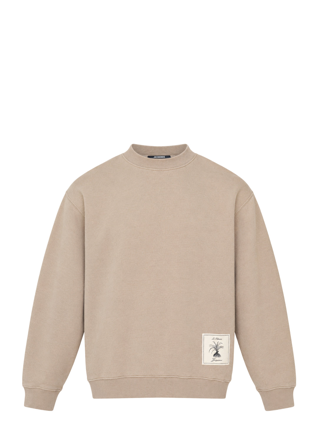 Jacquemus Torneo sweatshirt in taupe with ribbed mock neck and a Le Palmier palm illustration label at the hem
