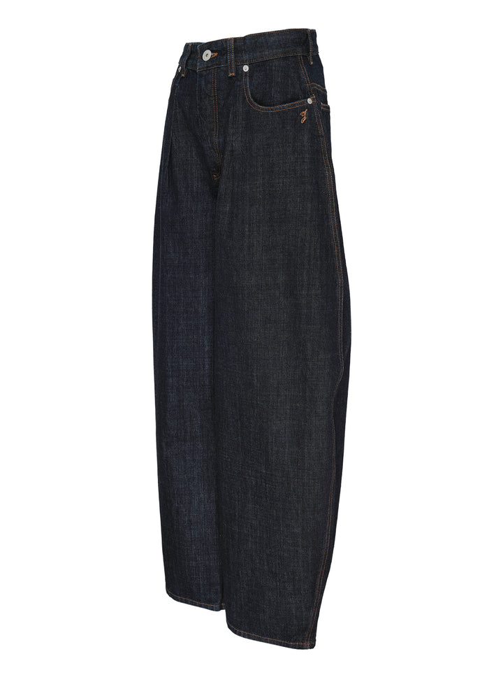 Jacquemus Le De-Nîmes Ovalo jeans in dark indigo denim with a curved barrel leg, front pleats and contrast topstitching - view 3