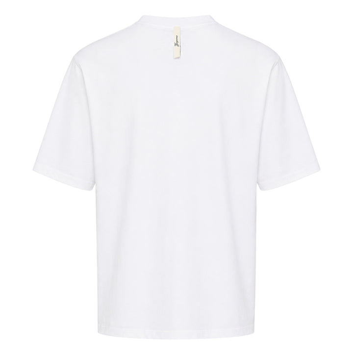 Jacquemus white oversized crew neck tee with distressed cursive Jacquemus script logo print across the chest - view 2