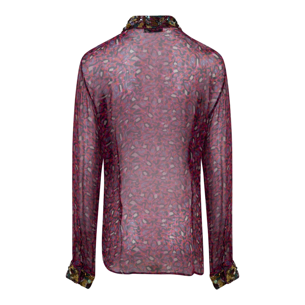 Dries Van Noten semi-sheer printed blouse with baroque ruched fabric appliqués, mixed jewel embellishments across the bodice, and beaded gemstone-encrusted collar and cuffs - view 2