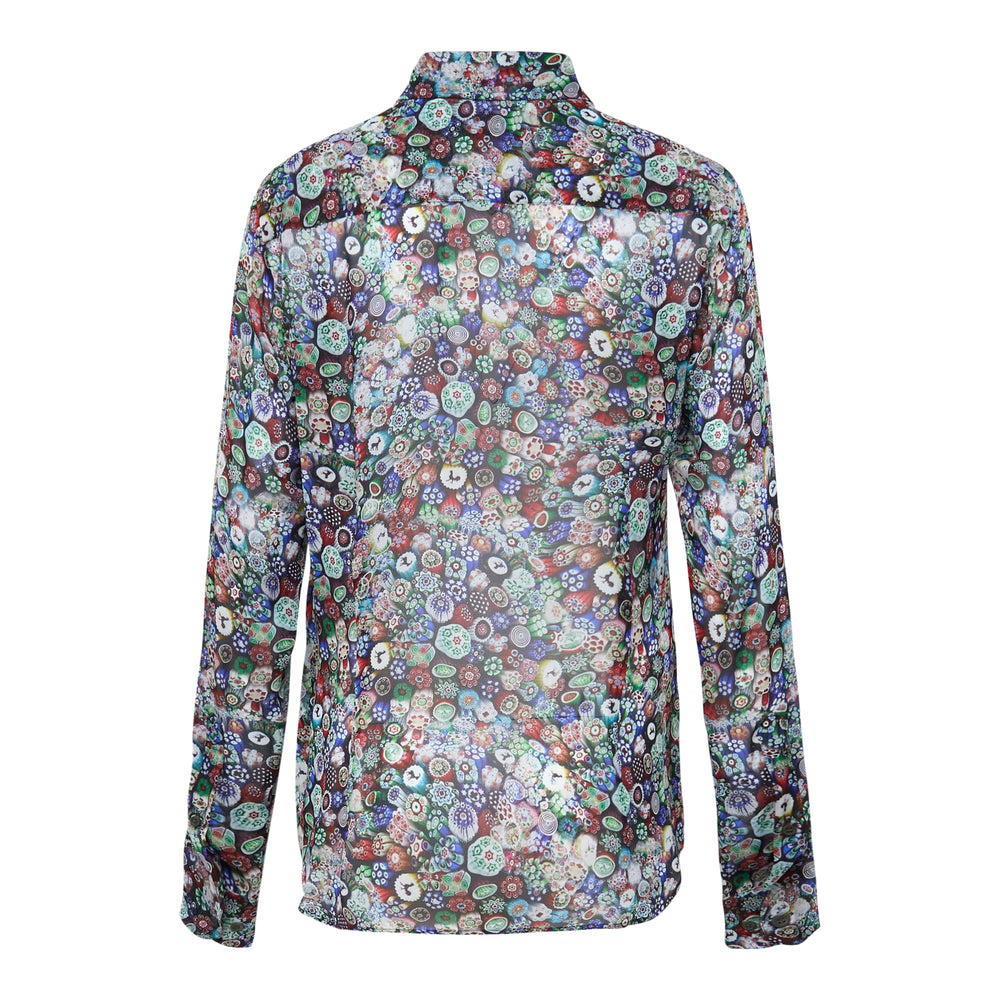 Dries Van Noten fitted long-sleeve shirt in multicolour millefiori print with ornate sequin and bead embroidery across the chest and shoulder, button-front fastening and point collar
