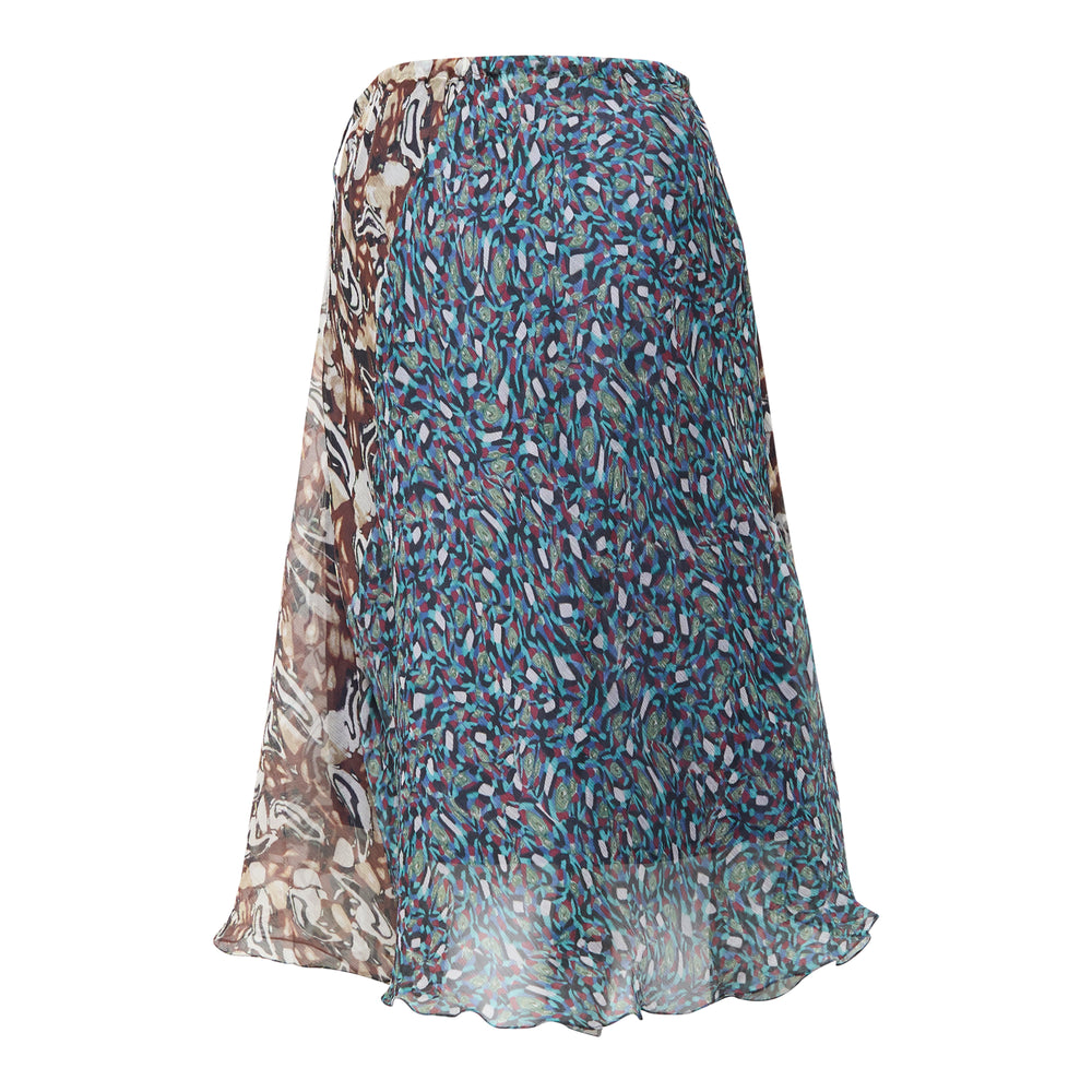 Dries Van Noten bias cut midi skirt with patchwork abstract print panels in teal, brown, and ivory on a white background