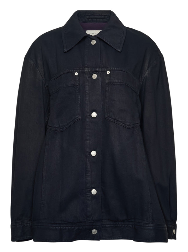 Dries Van Noten oversized black denim jacket with silver snap buttons, dual chest pockets, and trucker-style yoke seaming, displayed flat on a white background