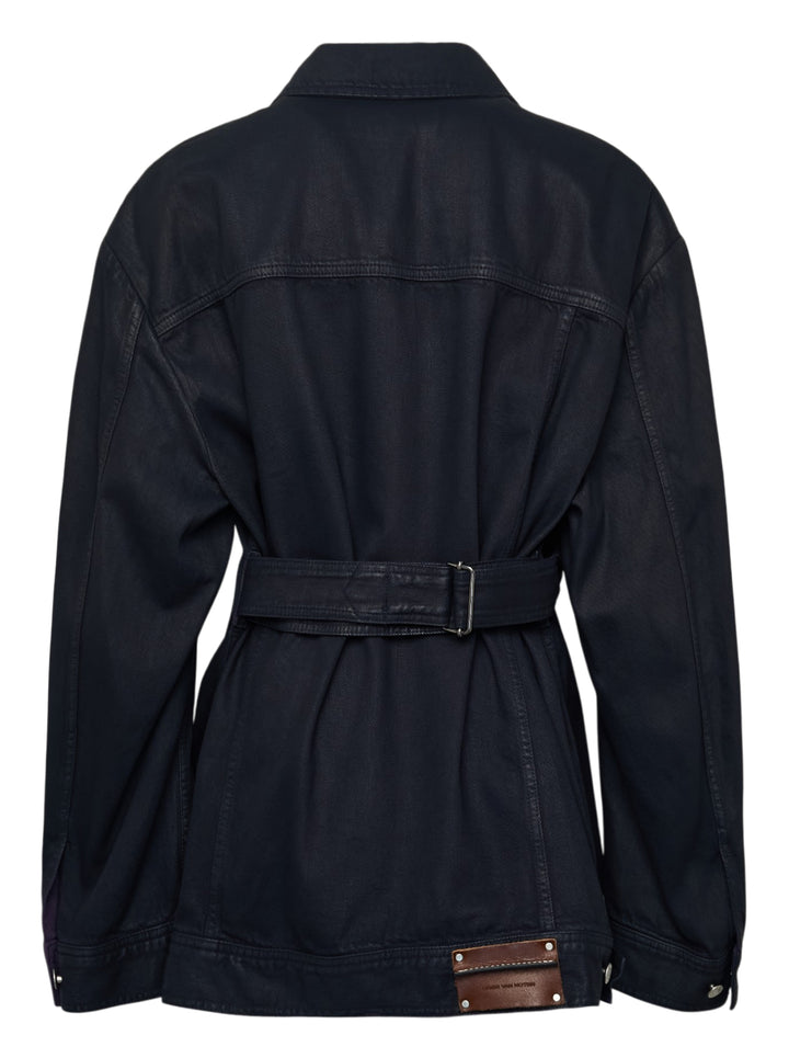 Dries Van Noten oversized black denim jacket with silver snap buttons, dual chest pockets, and trucker-style yoke seaming, displayed flat on a white background - view 2
