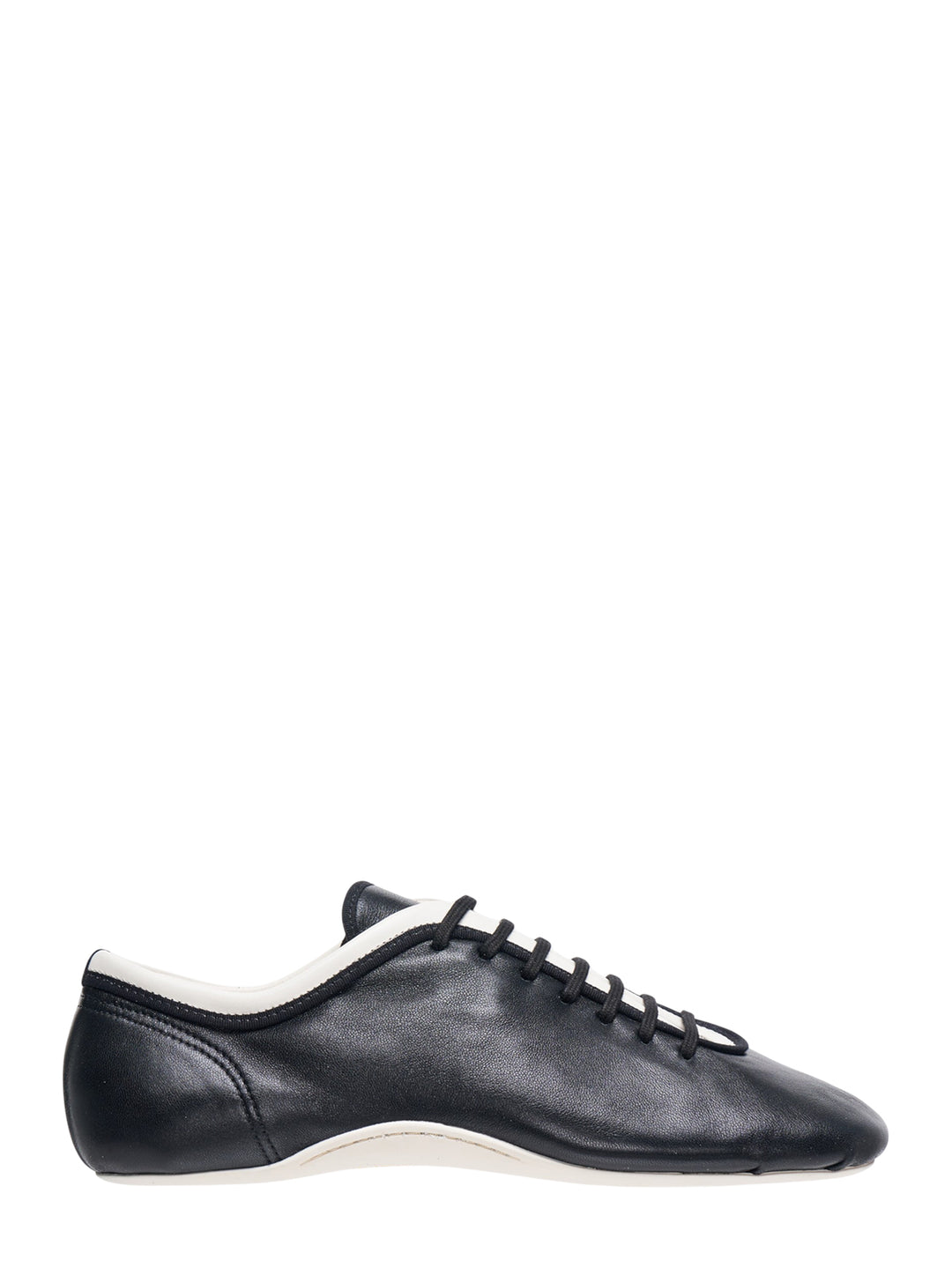 Dries Van Noten foot-shaped black leather lace-up flat shoe with white rubber sole and contrast white collar trim, side profile view