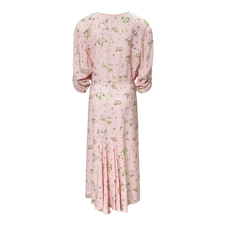 N°21 blush pink floral print midi dress with 3/4 gathered sleeves, self-tie waist belt, and flowing A-line skirt - view 2