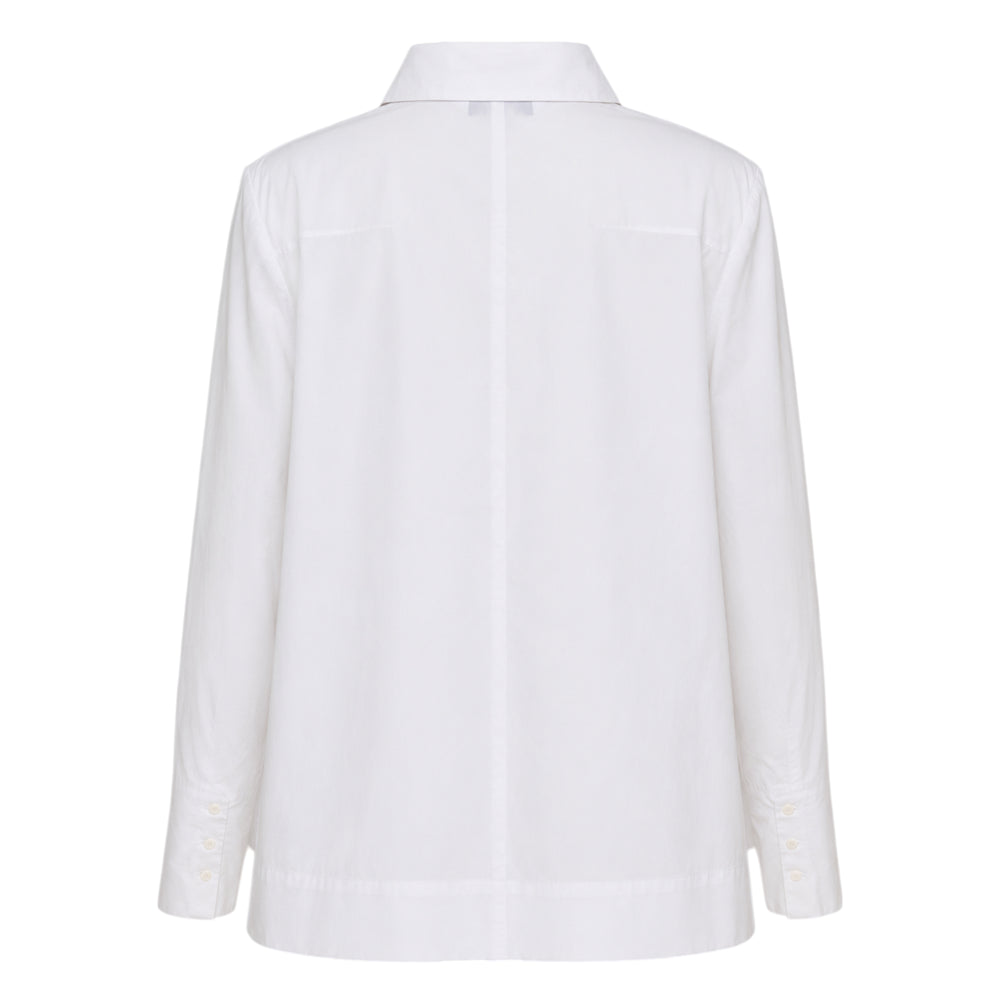 Ordinary Couture Code white long sleeve graphic flat shirt with whimsical upside-down figure line-art illustration and concealed placket, front view