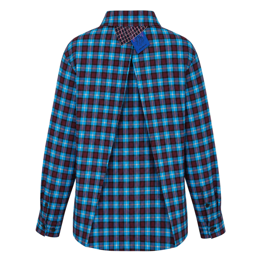Ordinary Couture Code Overfit Checkered Shirt in blue, burgundy and black tartan plaid with button-front closure and spread collar, front view