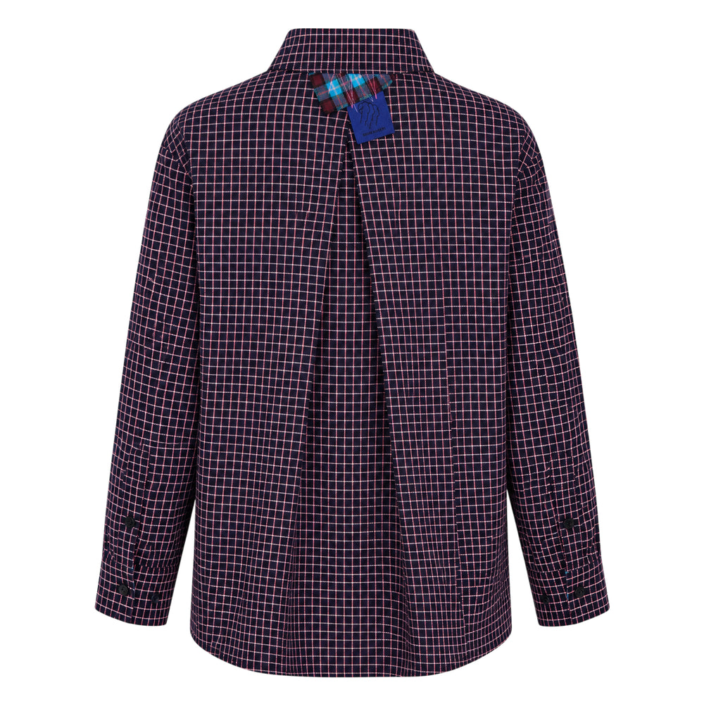 Ordinary Couture Code Overfit Checkered Shirt in blue, burgundy and black tartan plaid with button-front closure and spread collar, front view