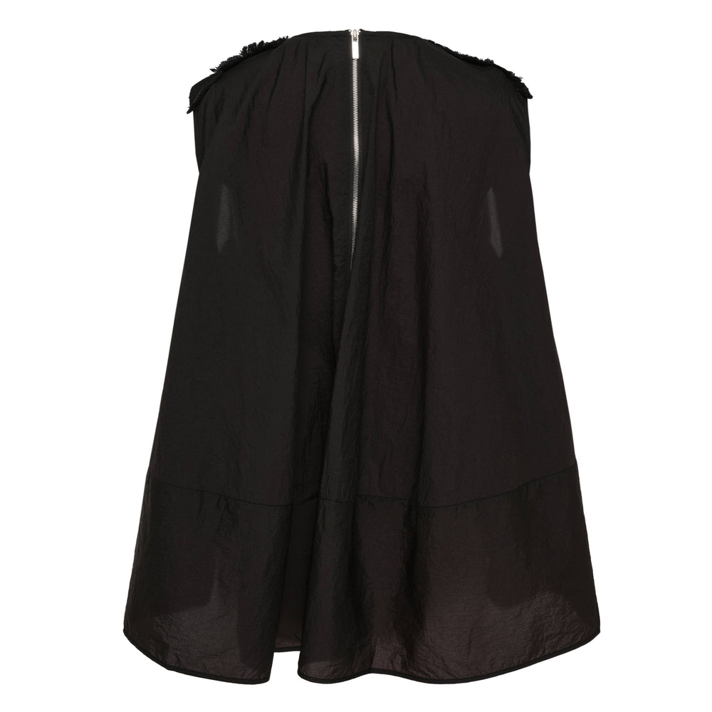 Ordinary Couture Code black sleeveless reversible bustier vest with raw frayed neckline trim, sheer lower panels, asymmetric hem, and back zip closure, photographed flat on a white background