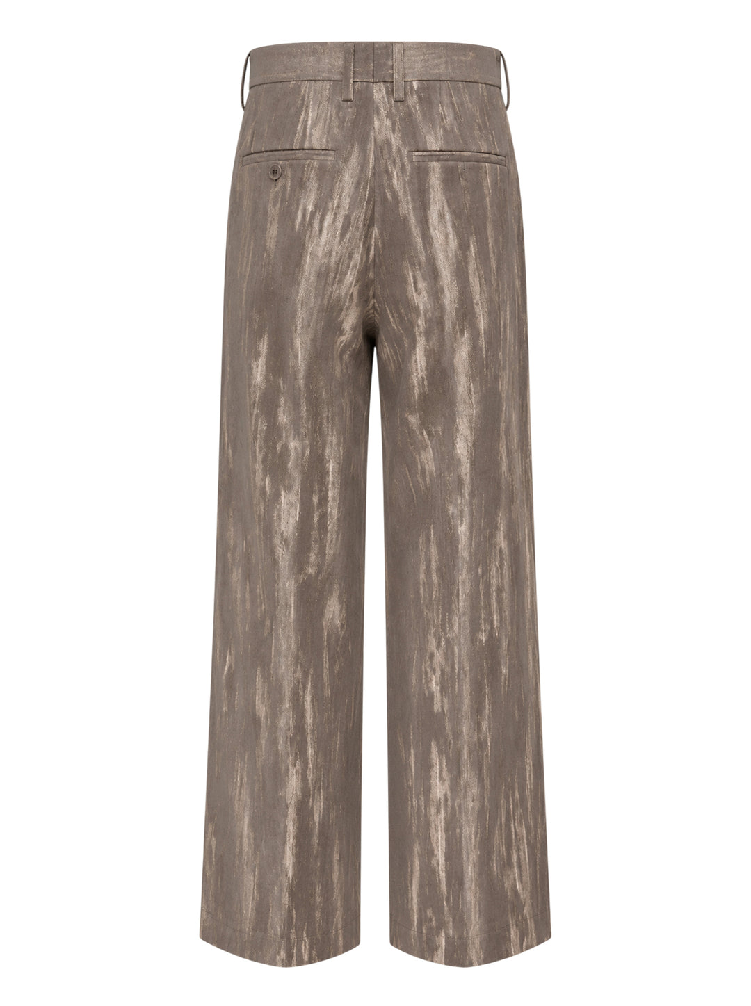 doublet Dust Flocky Trousers in a mottled earthy brown abstract print, featuring wide-leg cut with front pleats and embroidered graphic at the hem, displayed flat on white background - view 2