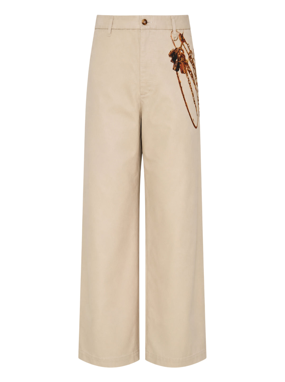 doublet Trompe L'Oeil Embroidery Chinos in sand, featuring a wide-leg silhouette and a detailed embroidery of a key ring with chains and keys at the hip
