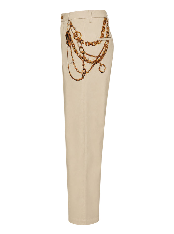 doublet Trompe L'Oeil Embroidery Chinos in sand, featuring a wide-leg silhouette and a detailed embroidery of a key ring with chains and keys at the hip - view 3