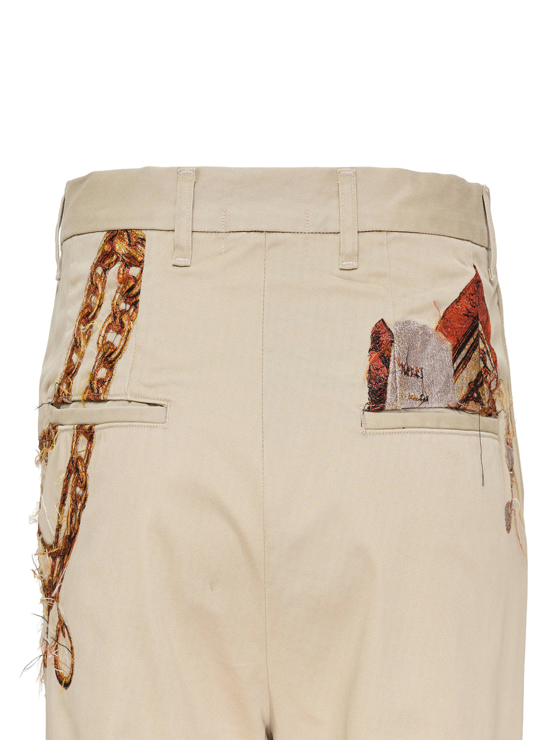 doublet Trompe L'Oeil Embroidery Chinos in sand, featuring a wide-leg silhouette and a detailed embroidery of a key ring with chains and keys at the hip - view 4
