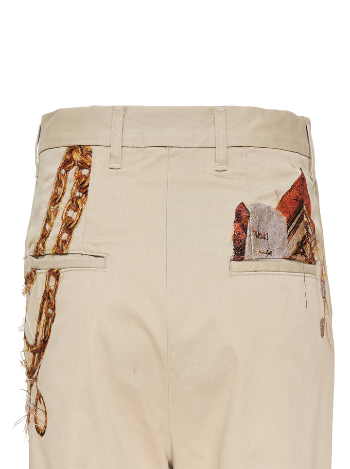 doublet Trompe L'Oeil Embroidery Chinos in sand, featuring a wide-leg silhouette and a detailed embroidery of a key ring with chains and keys at the hip - view 4