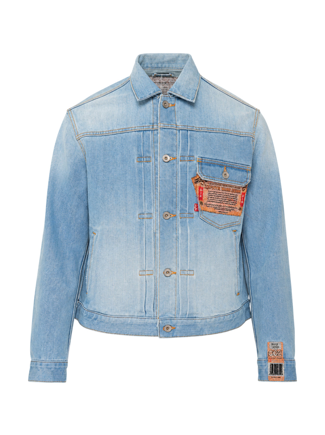 doublet Air Yarn Faded Denim Jacket in light-wash blue with archival printed patch labels on the chest pocket and cuff, featuring amber topstitching and gunmetal button fastening