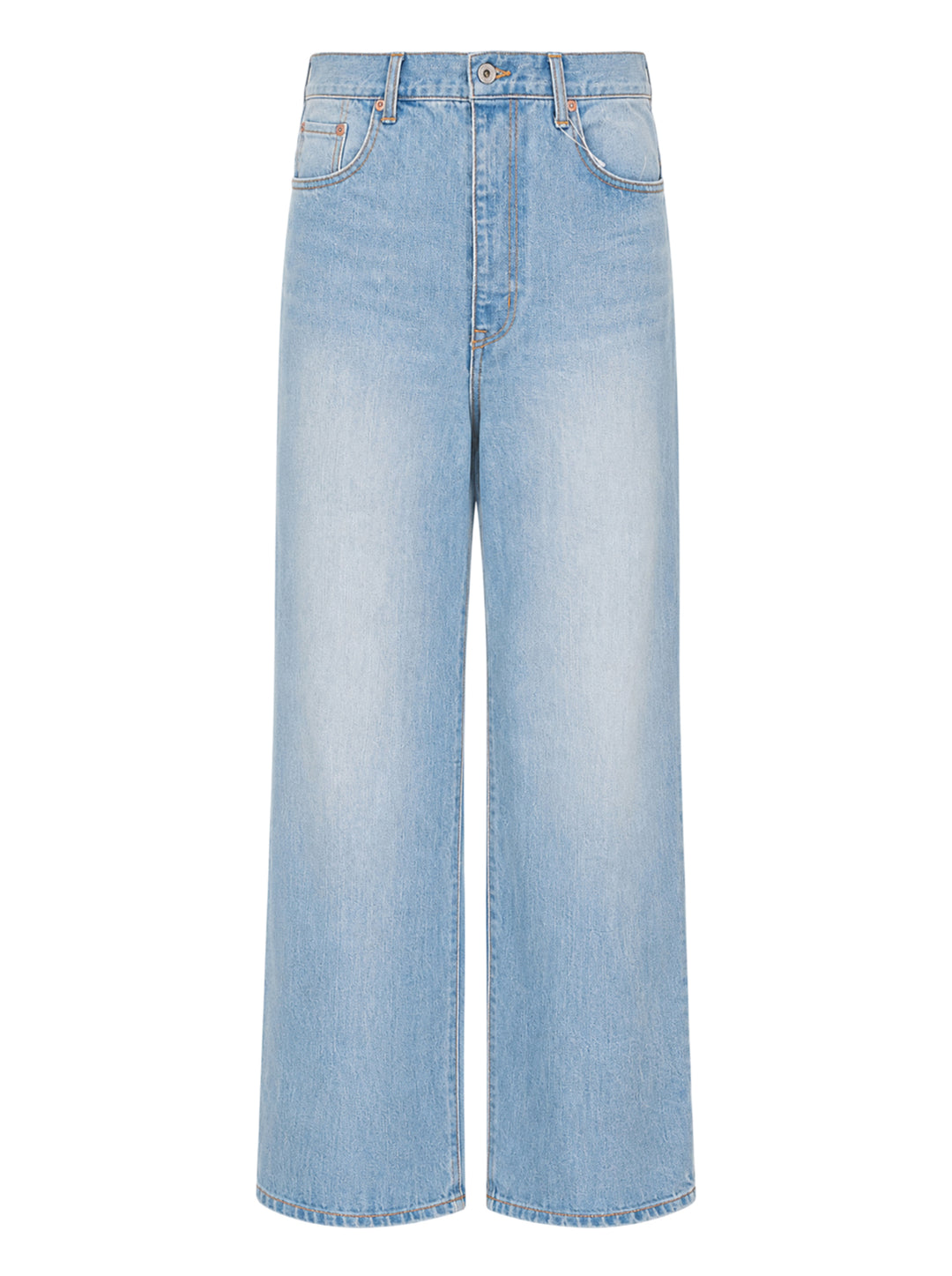 doublet Air Yarn Faded Wide-Leg Jeans in light wash blue, front view showing high-rise waist, five-pocket detail, and exaggerated wide leg silhouette with contrast orange topstitching
