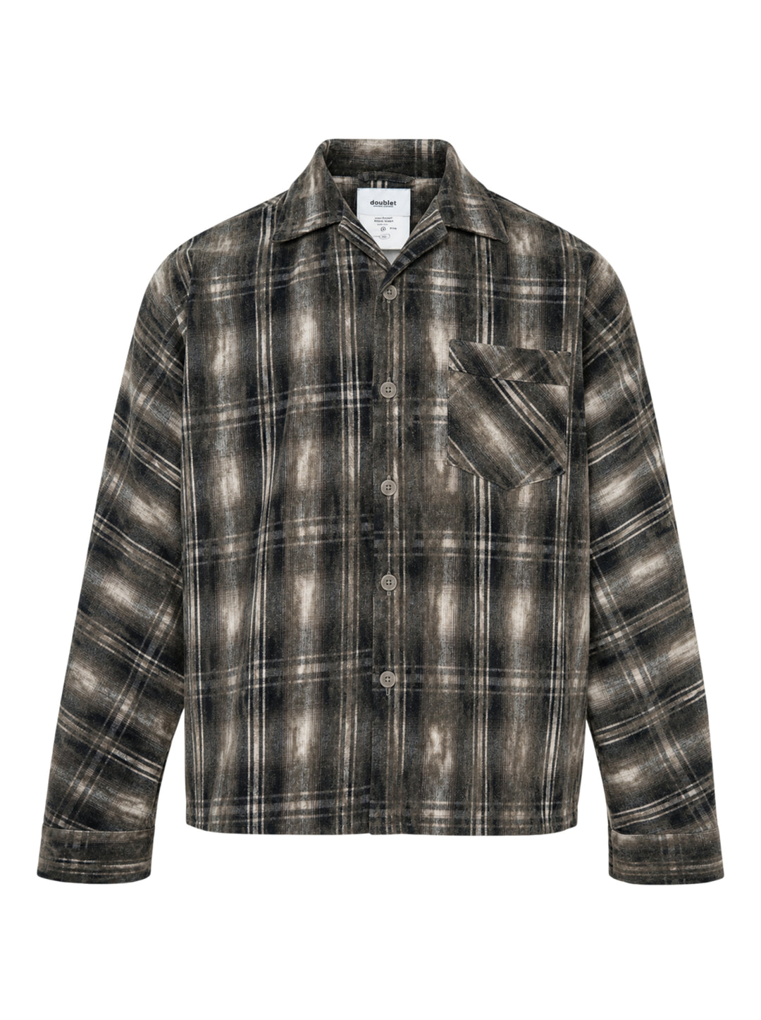 doublet Dust Flocky Pajama Shirt in distressed ombré plaid flannel with camp collar, button-front placket, and chest patch pocket