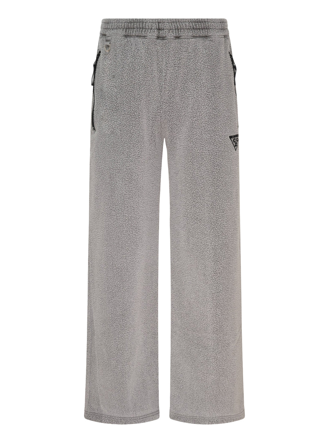 doublet Air Yarn Fleece Pants in heathered grey, featuring a wide-leg silhouette, elasticated drawstring waistband, zip side pockets, and a triangle logo patch at the hip