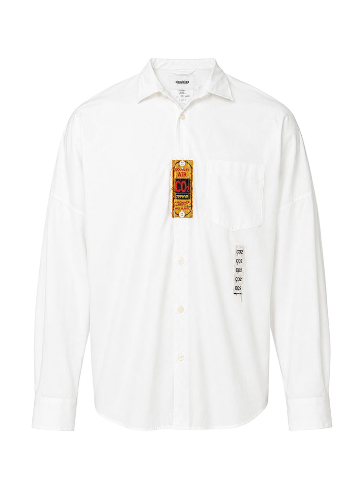 doublet Air Yarn Long Sleeve Shirt in white with embroidered CO2 Zephyr patch on the chest and repeated CO2 stamp graphic on the lower front, shown flat on a white background