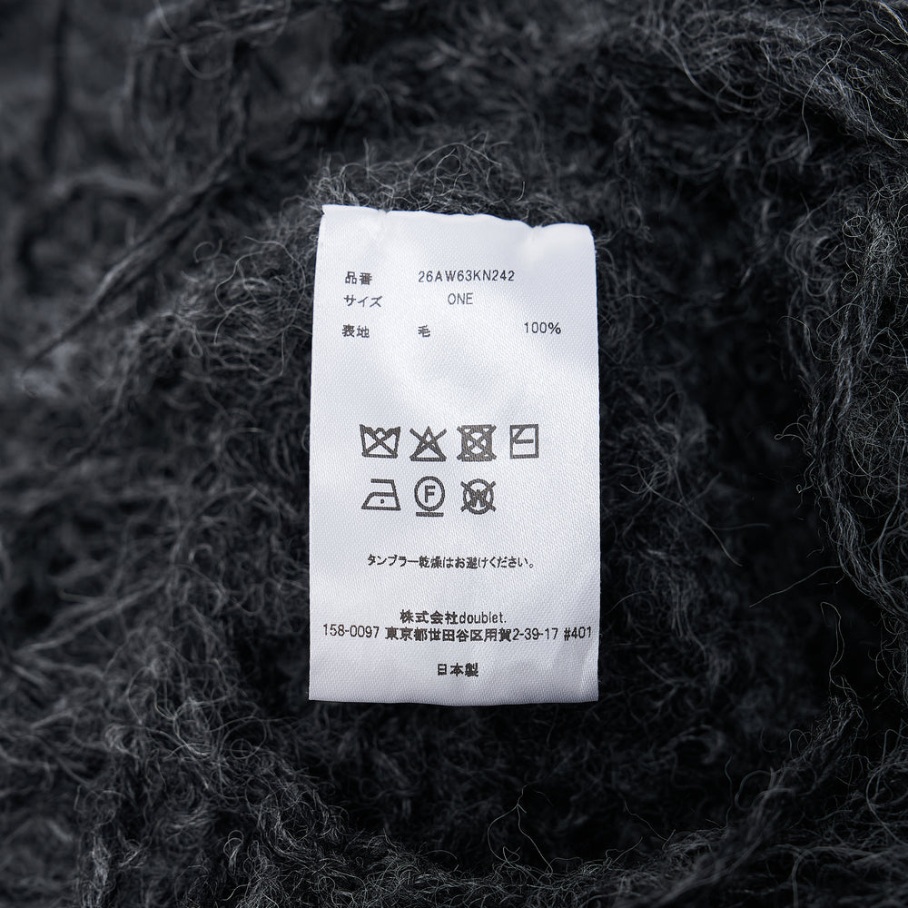doublet Smoke Fur Knit Scarf in dark grey, displayed as an infinity loop showing dense curling fur knit fringe texture throughout