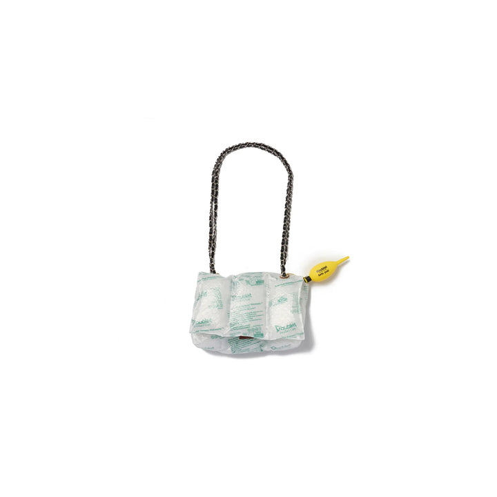 doublet Air Pillow Chain Shoulder Bag with inflatable air cushion body, woven chain strap and yellow inflator bulb