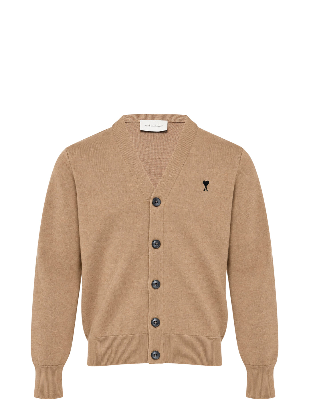 AMI Alexandre Matiussi camel V-neck cardigan with dark tonal button fastening and Ami de Cœur logo embroidery on the chest