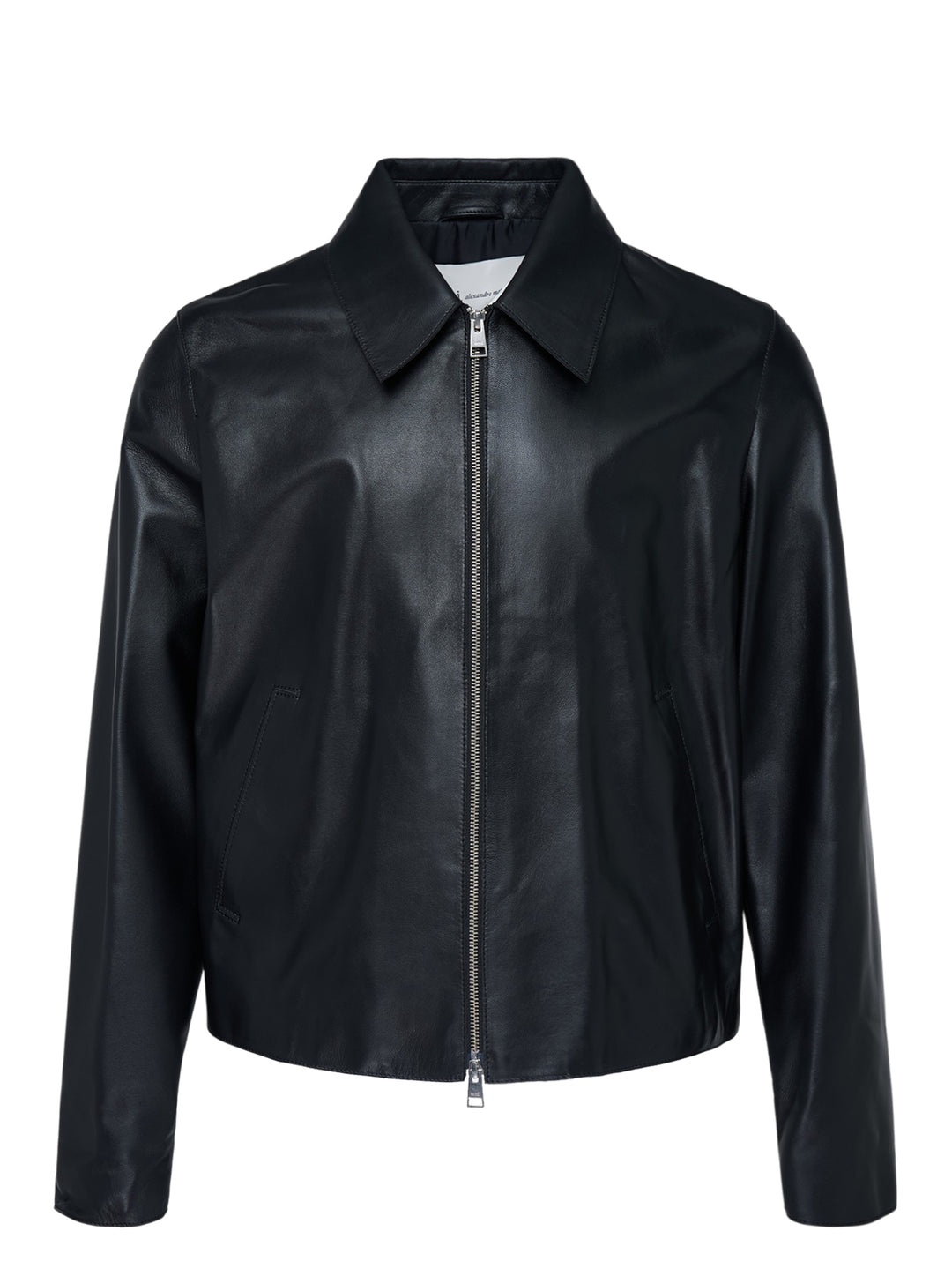 AMI black leather zipped jacket with pointed collar, dual-zip front closure and slanted welt pockets, shown from the front