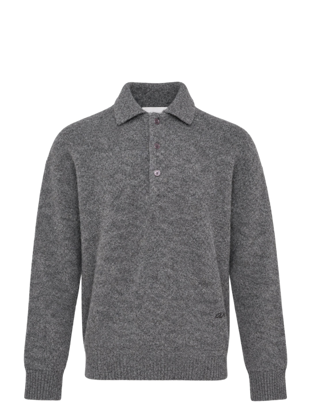 AMI grey bouclé knit polo sweater with spread collar, three-button placket, and ribbed cuffs, displayed on a flat ghost mannequin