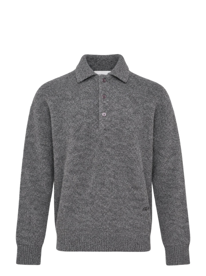 AMI grey bouclé knit polo sweater with spread collar, three-button placket, and ribbed cuffs, displayed on a flat ghost mannequin