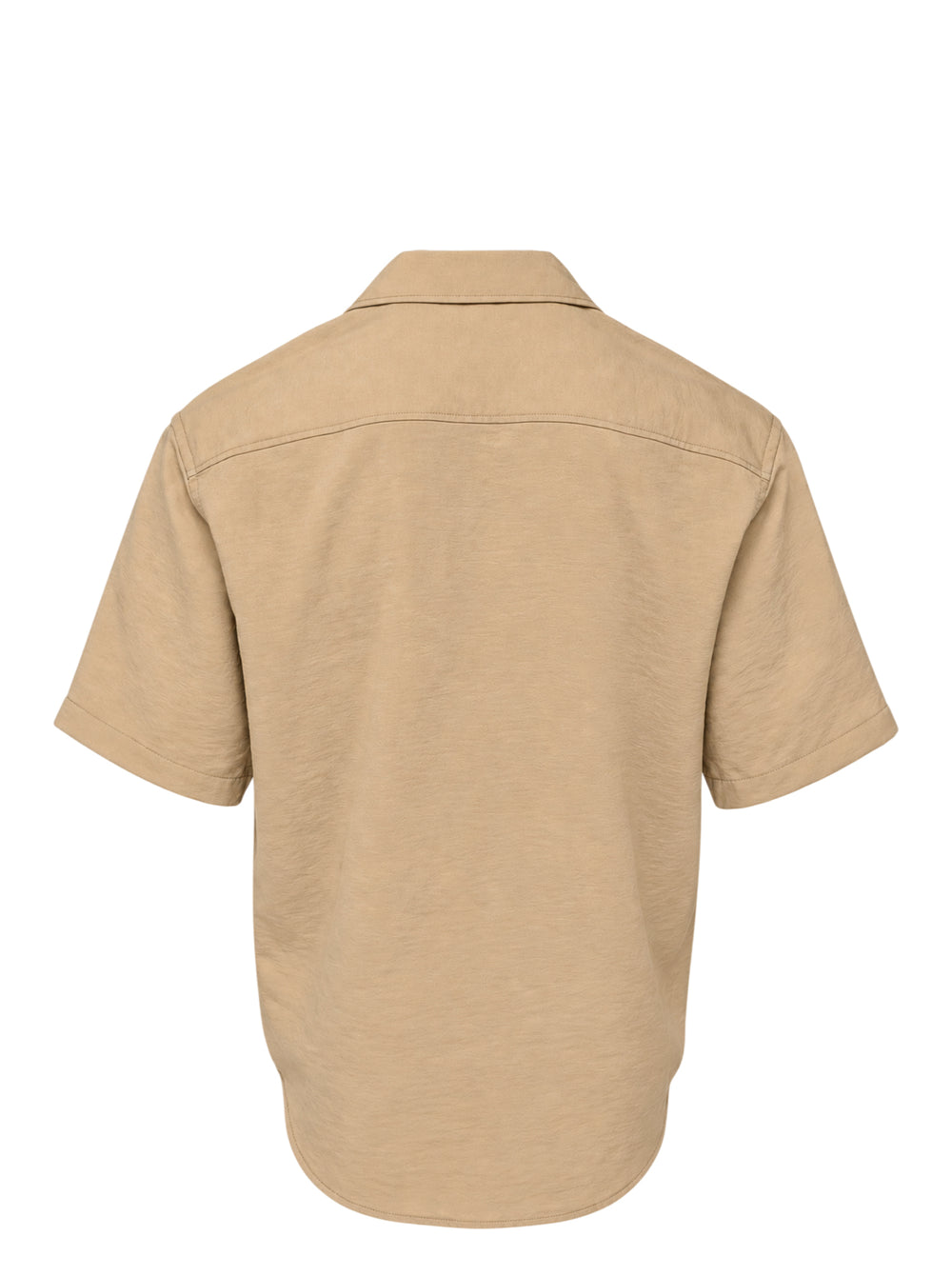 AMI Alexandre Mattiussi short sleeve boxy shirt in beige with camp collar, white shell buttons, and tonal AMI script embroidery at the chest - view 2