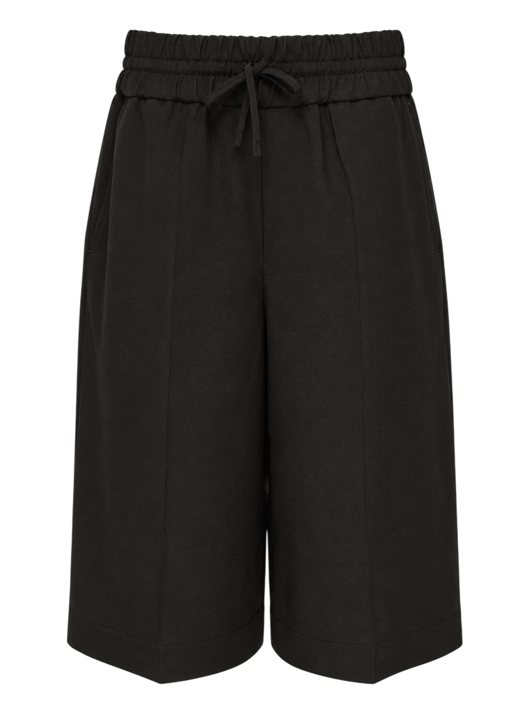 AMI Elasticated Large Bermuda Shorts in black with wide-leg silhouette, pressed creases, and elasticated drawstring waistband