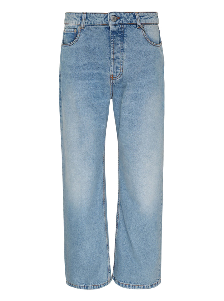 AMI Large Fit Jeans in light blue stonewash denim, featuring a relaxed wide-leg silhouette, five-pocket construction, and contrast copper topstitching