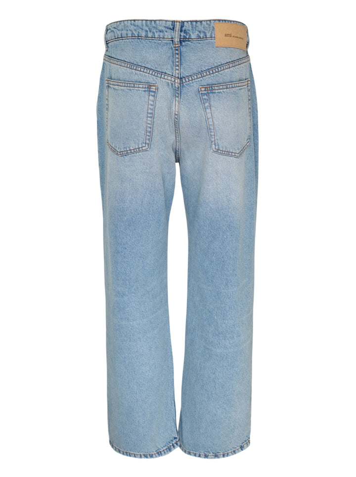 AMI Large Fit Jeans in light blue stonewash denim, featuring a relaxed wide-leg silhouette, five-pocket construction, and contrast copper topstitching - view 2