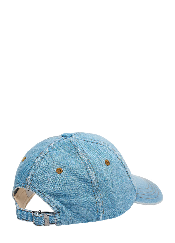 AMI Paris Ami de Cœur light wash denim baseball cap with tobacco embroidered heart logo on the front panel - view 2