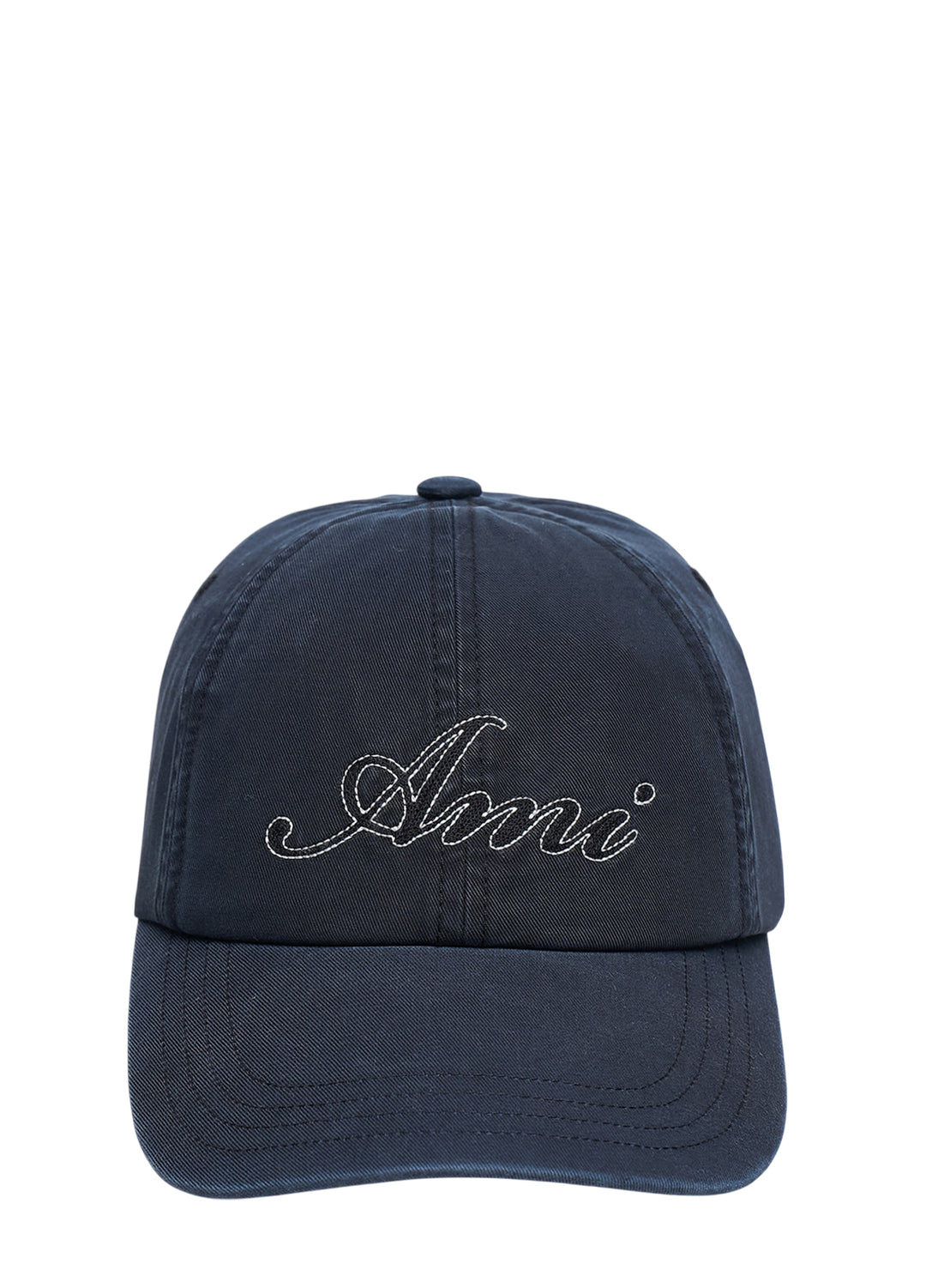 AMI navy twill baseball cap with cursive embroidered AMI script logo in tonal black and white outline, front view