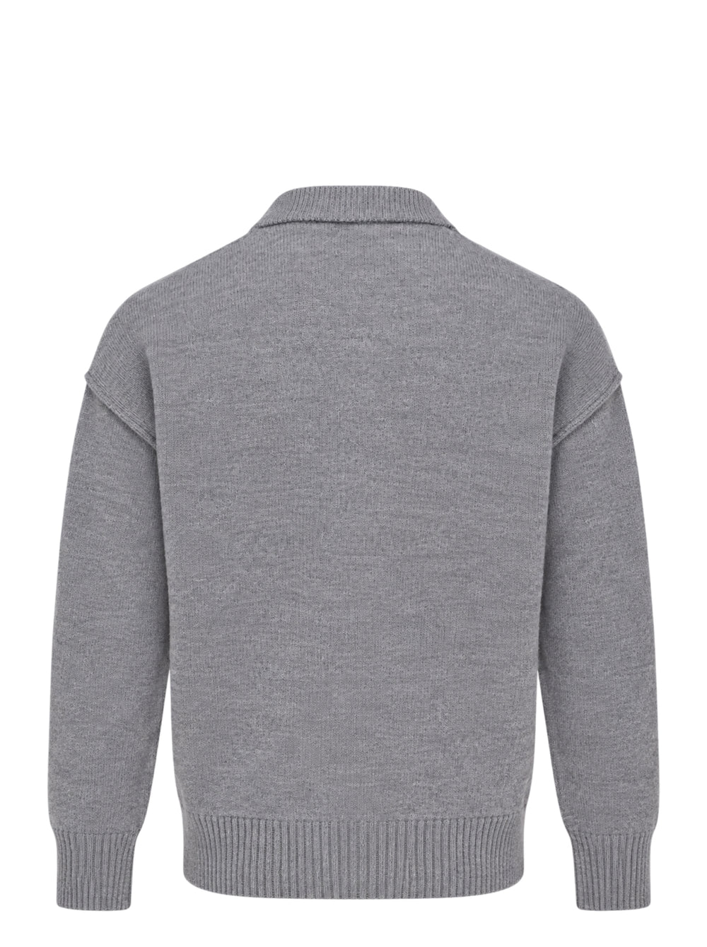 AMI grey crewneck cardigan with intarsia Ami de Cœur logo, button-front closure, ribbed trims, and hip patch pockets - view 2