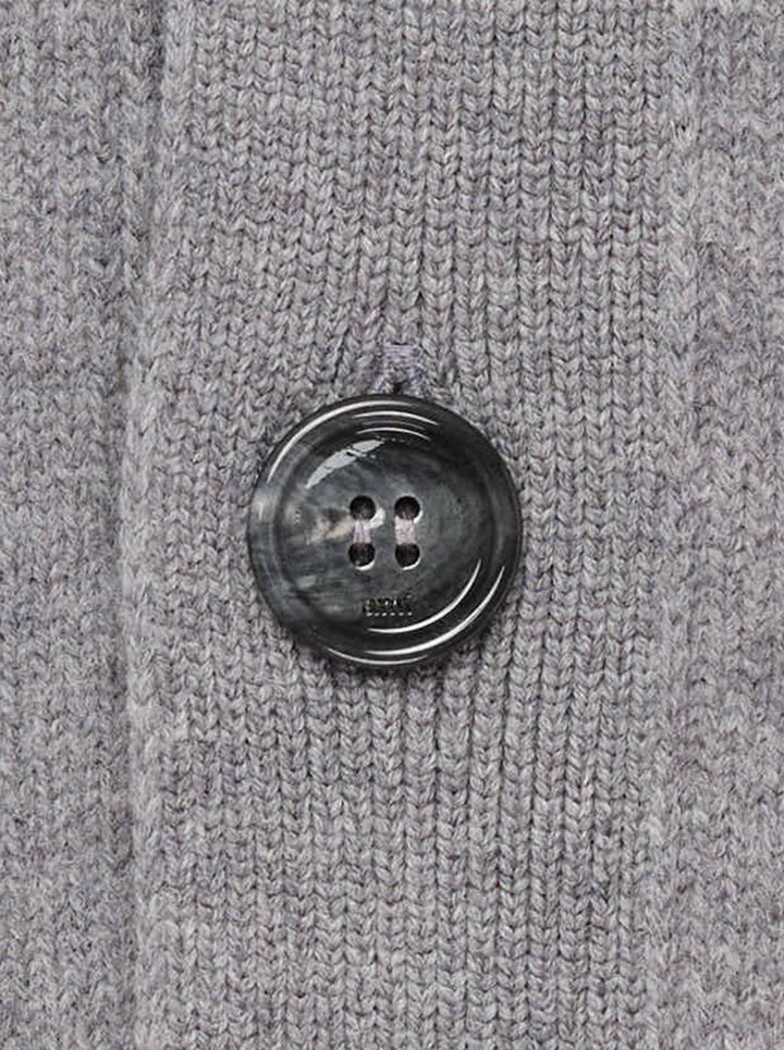 AMI grey crewneck cardigan with intarsia Ami de Cœur logo, button-front closure, ribbed trims, and hip patch pockets - view 4