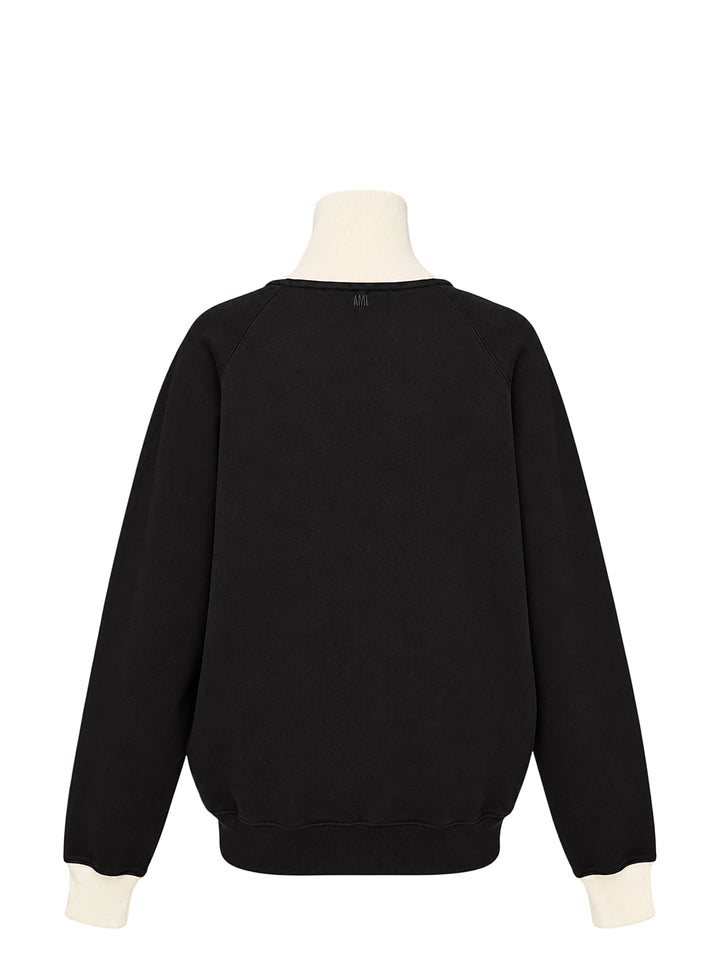 AMI black zip-up sweatshirt with cream funnel collar, ribbed cuffs and embroidered Ami de Coeur logo on the chest - view 2