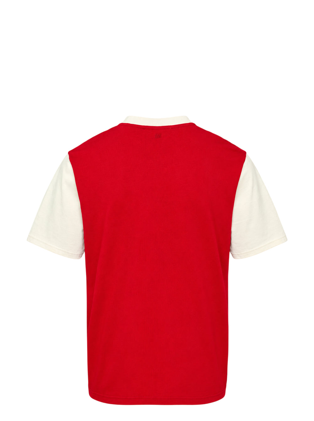 AMI Paris two-tone T-shirt with red body, ivory short sleeves and collar, and oversized white felt 'AMI Paris' collegiate lettering on the chest - view 2