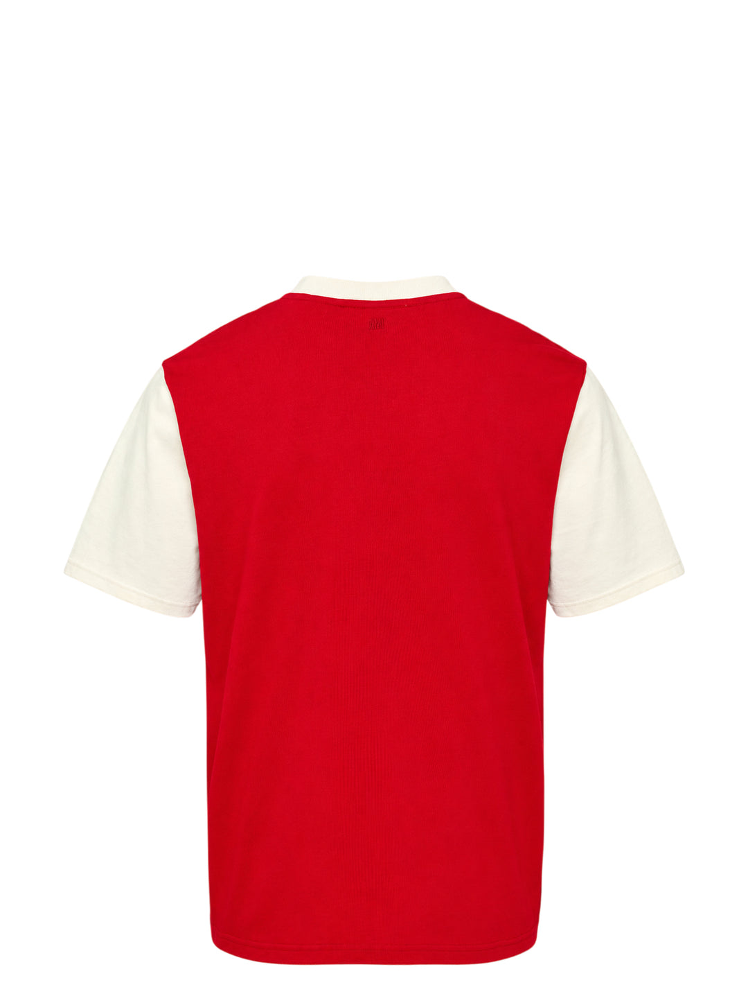 AMI Paris two-tone T-shirt with red body, ivory short sleeves and collar, and oversized white felt 'AMI Paris' collegiate lettering on the chest - view 2