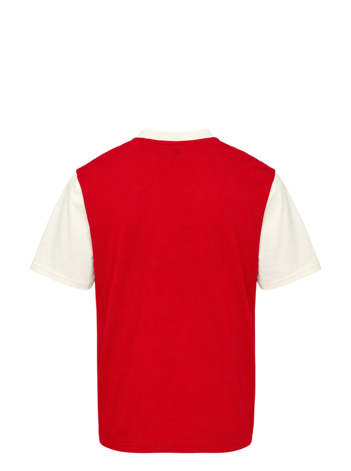 AMI Paris two-tone T-shirt with red body, ivory short sleeves and collar, and oversized white felt 'AMI Paris' collegiate lettering on the chest - view 2