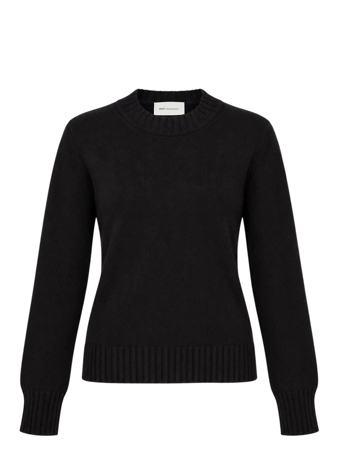 AMI black crewneck sweater in chunky knit with ribbed collar, cuffs and hem, shown flat from the front