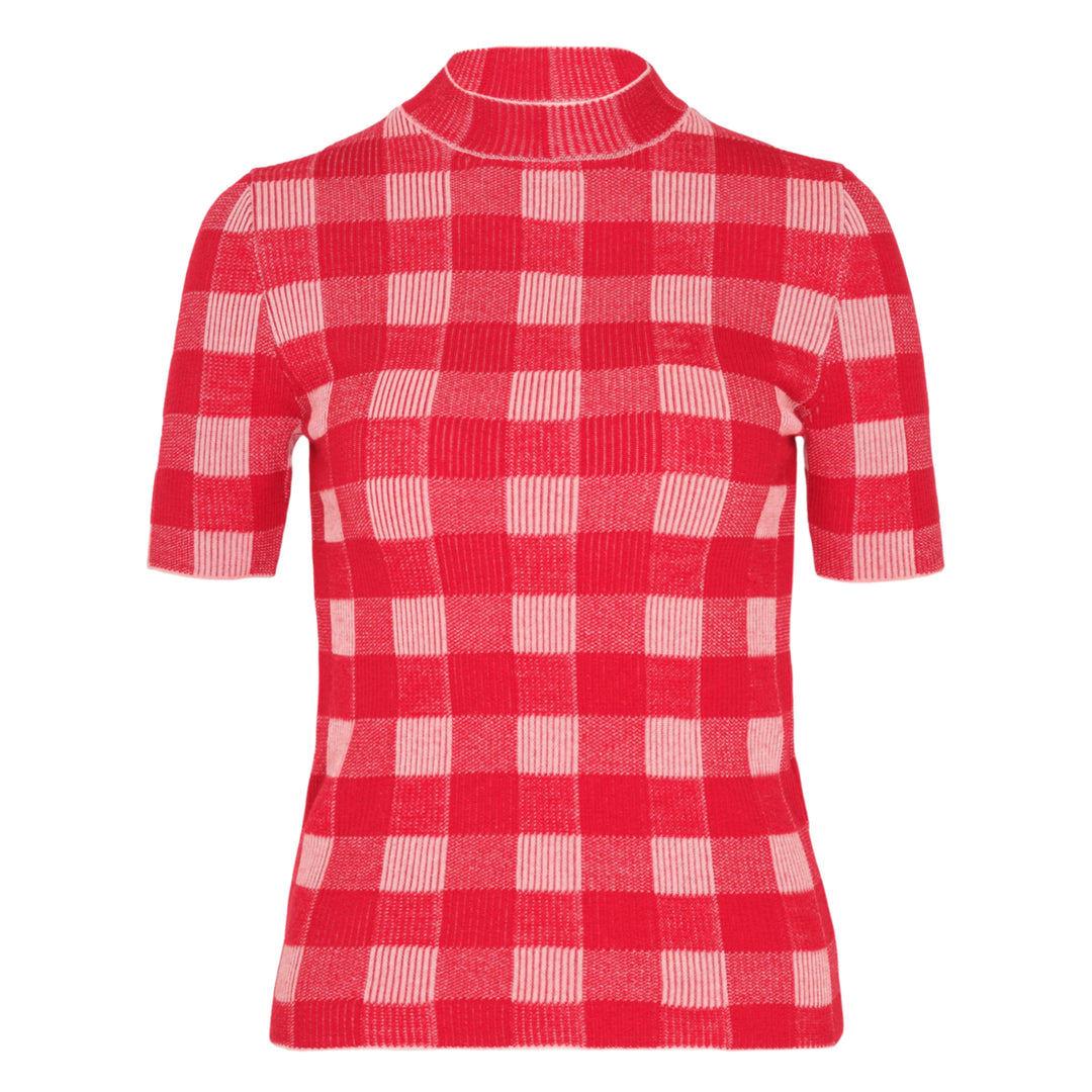 Short Sleeve Gingham Knit Sweater